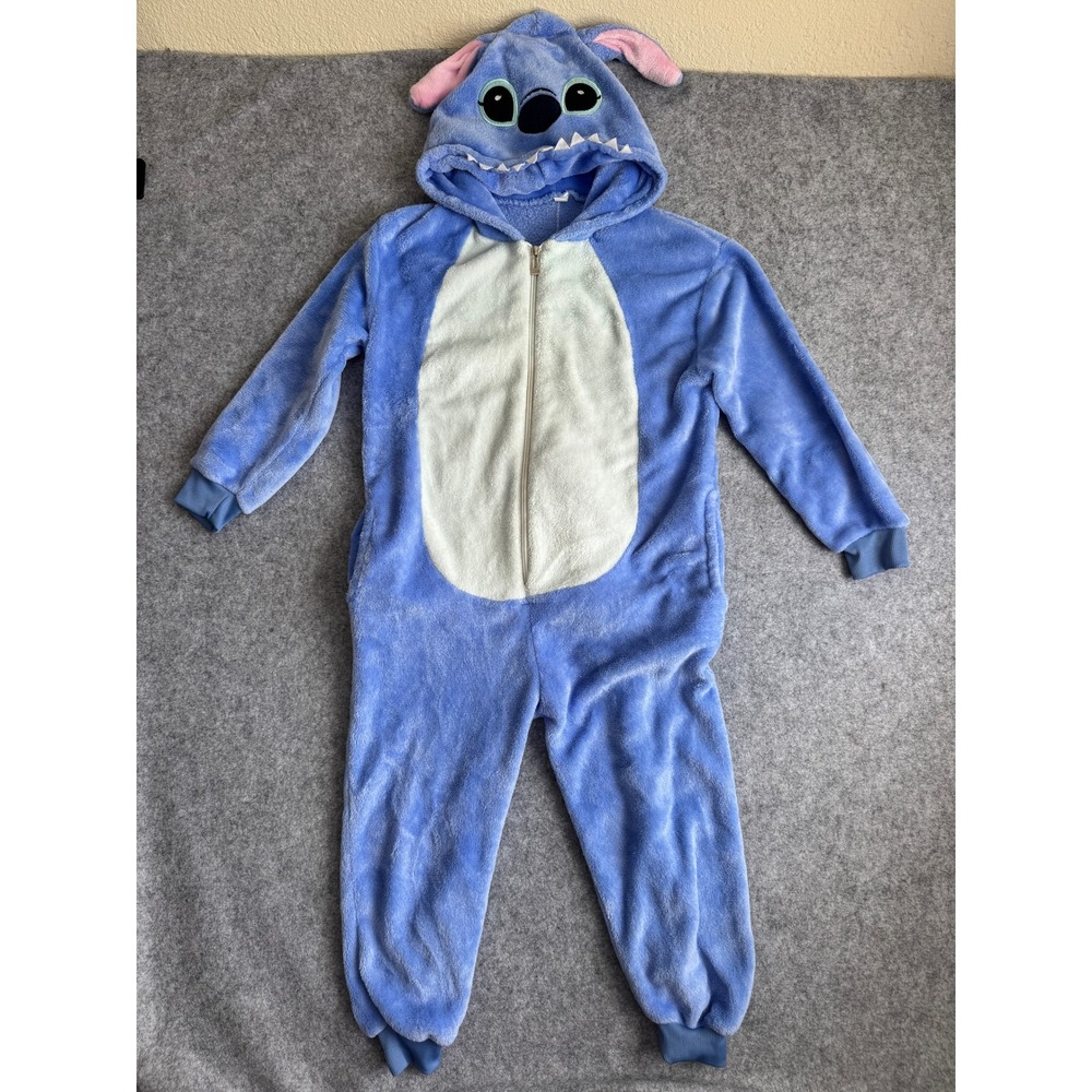 Disney Stitch Fleece Pajama Jumpsuit Kids Blue Hooded Costume Loungewear Onesie